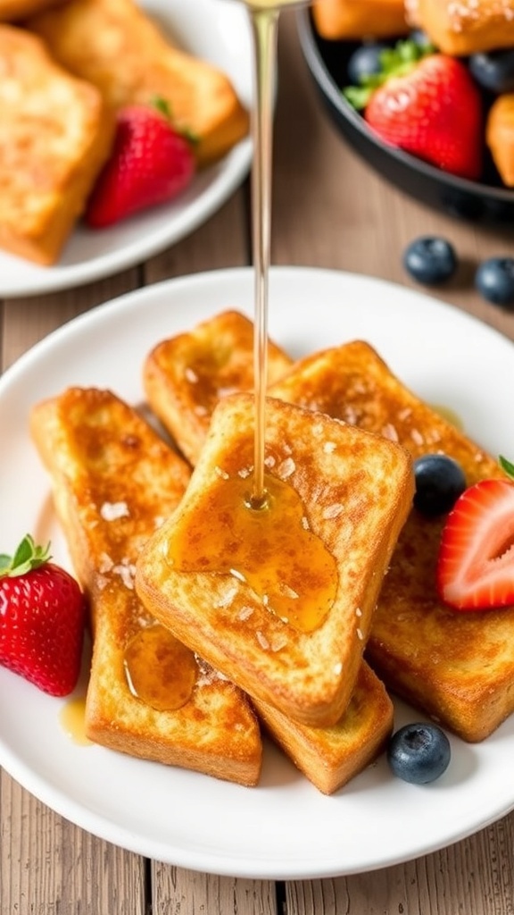 Air fryer French toast sticks served with maple syrup and fresh berries on a rustic table.